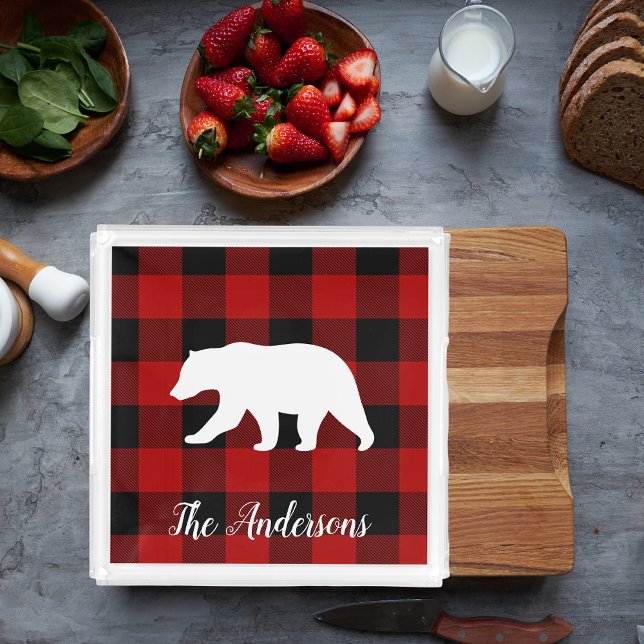 Red Buffalo Plaid & Bear | Personal Name Gift Acrylic Tray (Creator Uploaded)