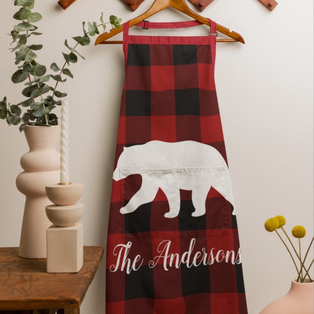 Red Buffalo Plaid & Bear | Personal Name Gift Apron (Creator Uploaded)