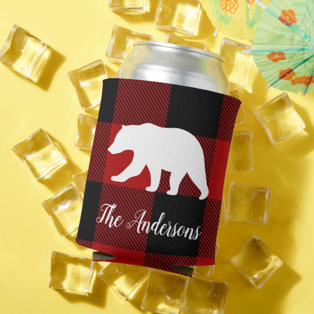 Red Buffalo Plaid & Bear | Personal Name Gift Can Cooler (In Situ Summer)