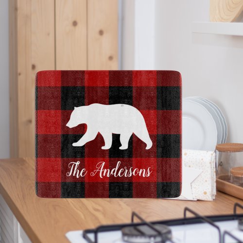 Red Buffalo Plaid  Bear  Personal Name Gift Cutting Board