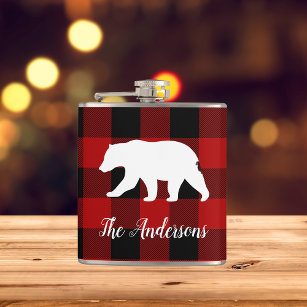 Red Buffalo Plaid & Bear   Personal Name Gift Flask