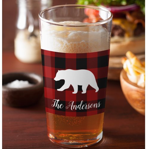 Red Buffalo Plaid  Bear  Personal Name Gift Glass