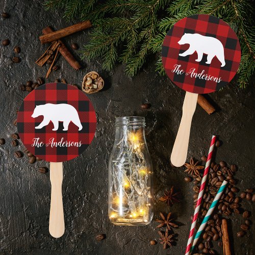 Red Buffalo Plaid  Bear  Personal Name Gift Hand Fan