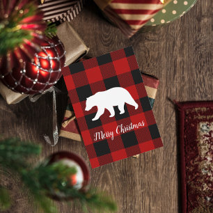 Red Buffalo Plaid & Bear Personal Name Gift Holiday Card