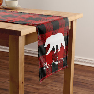 Red Buffalo Plaid & Bear   Personal Name Gift Medium Table Runner