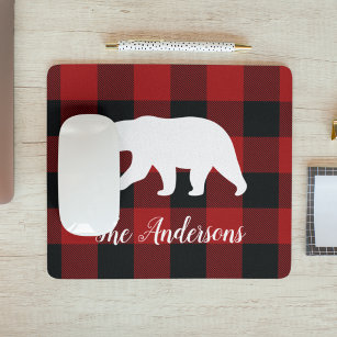 Red Buffalo Plaid & Bear   Personal Name Gift Mouse Pad