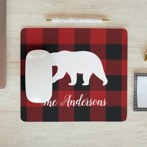 Red Buffalo Plaid  Bear  Personal Name Gift Mouse Pad
