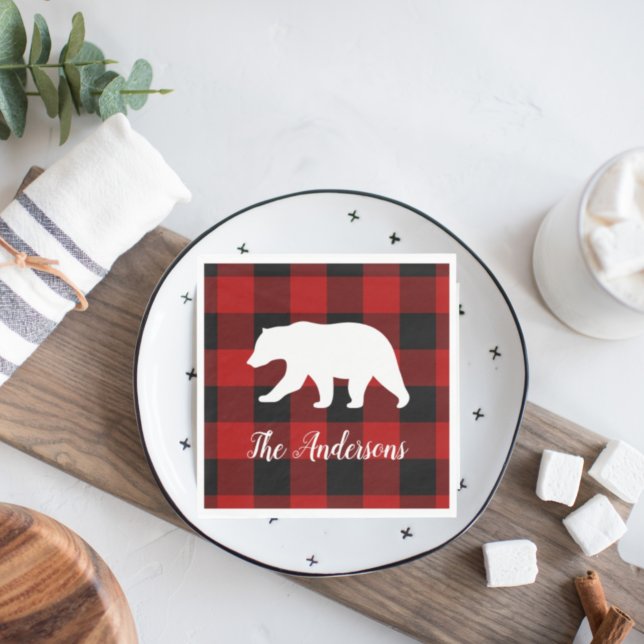 Red Buffalo Plaid & Bear | Personal Name Gift Napkins (Creator Uploaded)