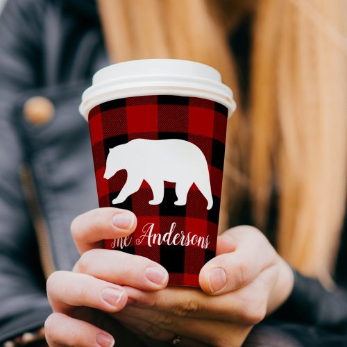 Red Buffalo Plaid  Bear  Personal Name Gift Paper Cups