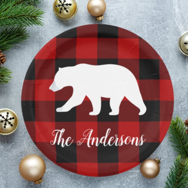 Red Buffalo Plaid & Bear | Personal Name Gift Paper Plates (Creator Uploaded)