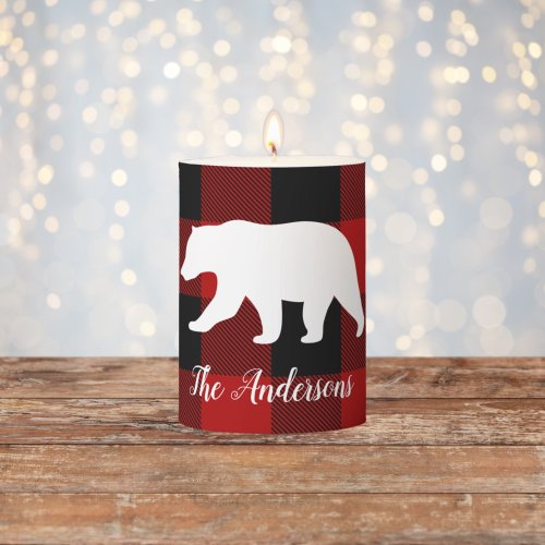 Red Buffalo Plaid  Bear  Personal Name Gift Pillar Candle