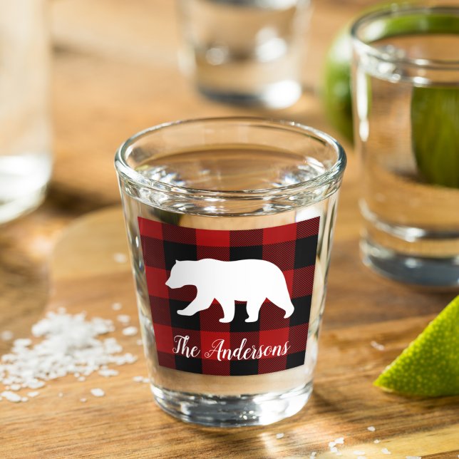 Red Buffalo Plaid & Bear | Personal Name Gift Shot Glass (Creator Uploaded)