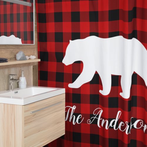 Red Buffalo Plaid  Bear  Personal Name Gift Shower Curtain