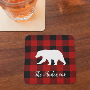 Red Buffalo Plaid & Bear   Personal Name Gift Square Paper Coaster