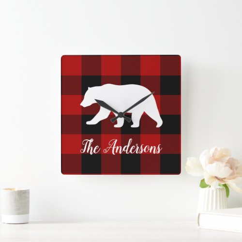 Red Buffalo Plaid  Bear  Personal Name Gift Square Wall Clock