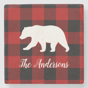 Red Buffalo Plaid & Bear   Personal Name Gift Stone Coaster