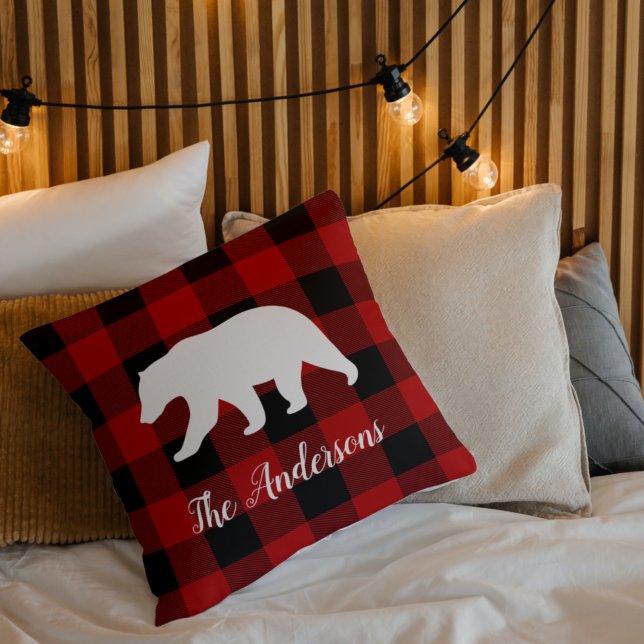 Red Buffalo Plaid & Bear | Personal Name Gift Throw Pillow (Creator Uploaded)