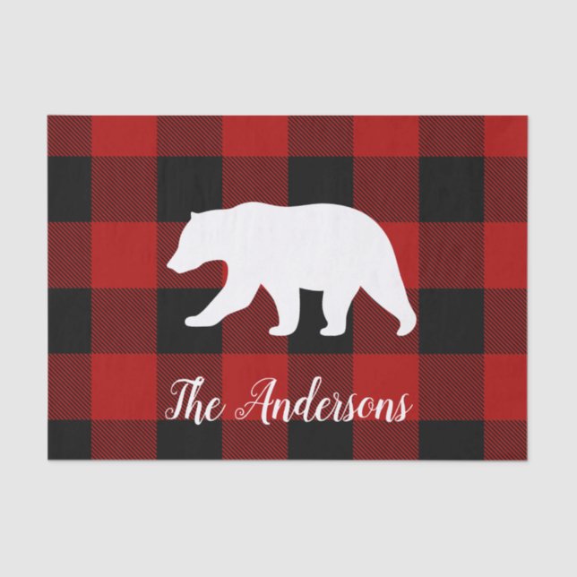 Red Buffalo Plaid & Bear | Personal Name Gift Tissue Paper (Front)