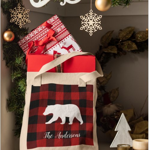 Red Buffalo Plaid  Bear  Personal Name Gift Tote Bag
