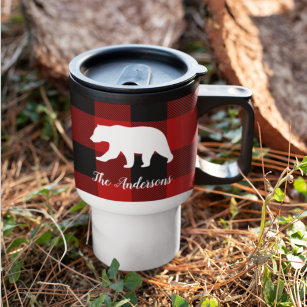 Red Buffalo Plaid & Bear   Personal Name Gift Travel Mug