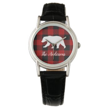 Red Buffalo Plaid & Bear | Personal Name Gift Watch by LovePattern at Zazzle