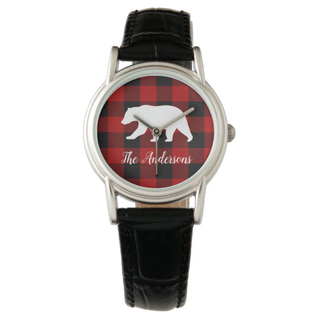 Red Buffalo Plaid & Bear | Personal Name Gift Watch (Front)