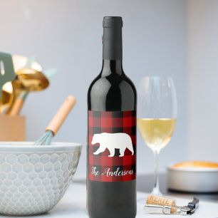 Red Buffalo Plaid & Bear Personal Name Gift Wine Label
