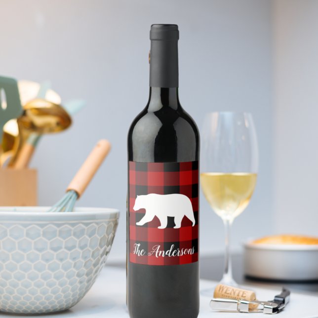 Red Buffalo Plaid & Bear | Personal Name Gift Wine Label (Creator Uploaded)