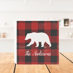 Red Buffalo Plaid & Bear Personal Name Gift Wooden Box Sign
