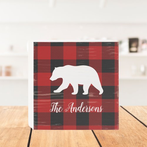 Red Buffalo Plaid  Bear  Personal Name Gift Wooden Box Sign