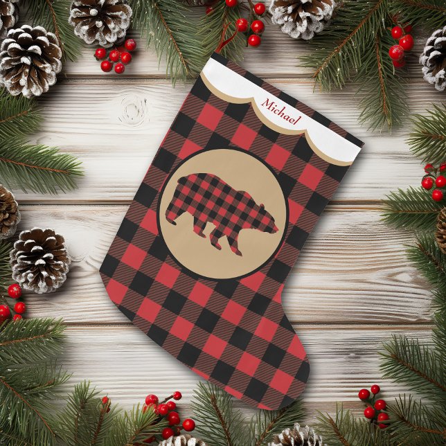 Red Buffalo Plaid Bear Personalized Large Christmas Stocking (Creator Uploaded)