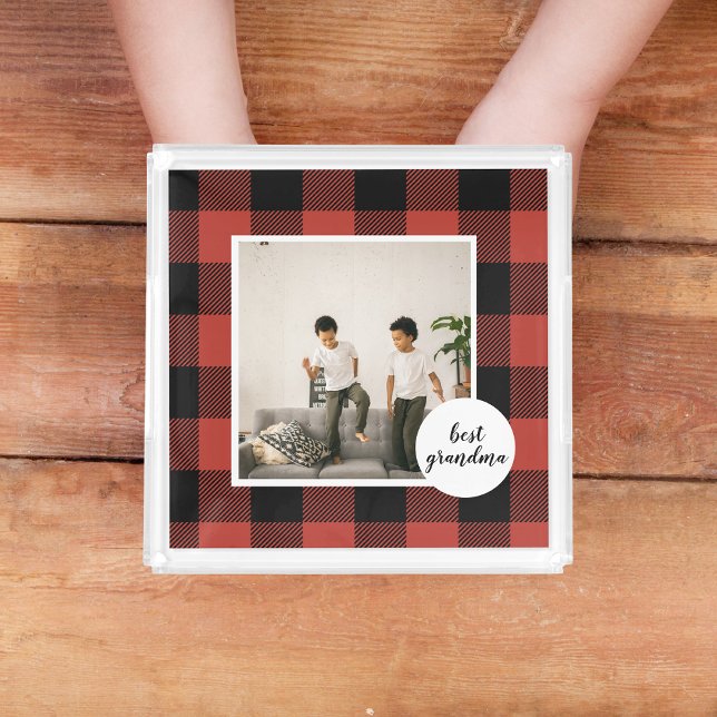 Red Buffalo Plaid Best Grandma Gift With Photo Acrylic Tray (Creator Uploaded)