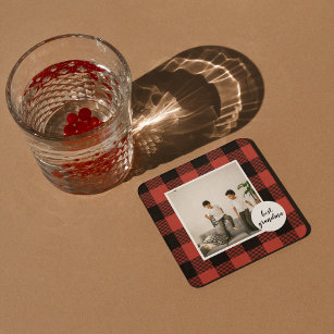 Red Buffalo Plaid Best Grandma Gift With Photo Beverage Coaster