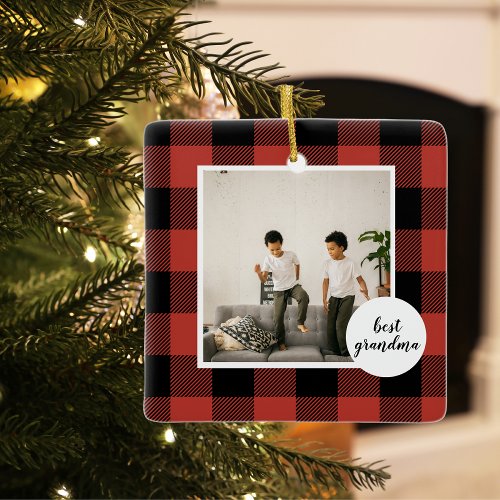 Red Buffalo Plaid Best Grandma Gift With Photo Ceramic Ornament