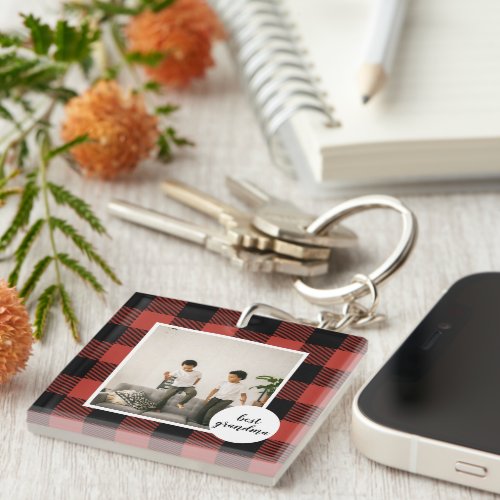 Red Buffalo Plaid Best Grandma Gift With Photo Keychain