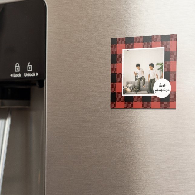 Red Buffalo Plaid Best Grandma Gift With Photo Magnet (Creator Uploaded)