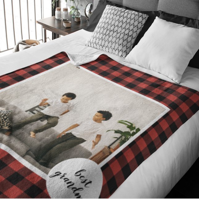 Red Buffalo Plaid Best Grandma Gift With Photo Sherpa Blanket (Creator Uploaded)