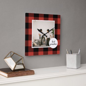 Red Buffalo Plaid Best Grandma Gift With Photo Square Wall Clock by LovePattern at Zazzle