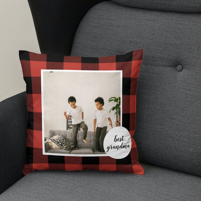 Red Buffalo Plaid Best Grandma Gift With Photo Throw Pillow (Creator Uploaded)