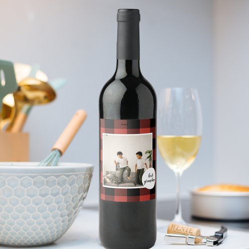 Red Buffalo Plaid Best Grandma Gift With Photo Wine Label