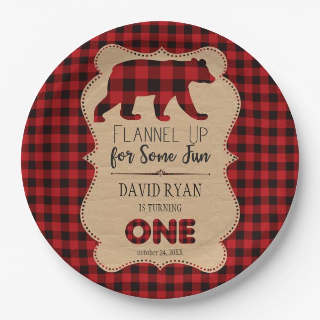 Red Buffalo Plaid Birthday ONE Custom Paper Plates (Front)