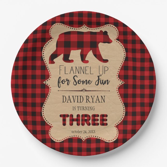 Red Buffalo Plaid Birthday THREE Custom Paper Plates (Front)