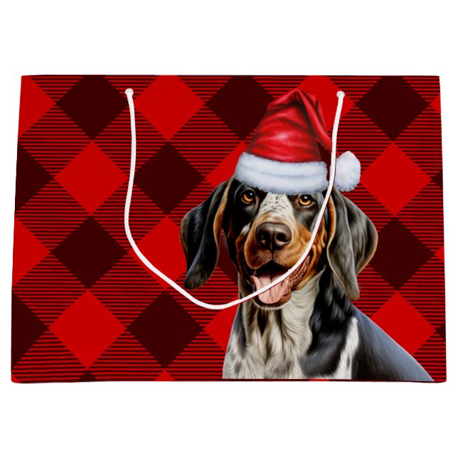Red Buffalo Plaid Bluetick Coonhound Dog Holiday Large Gift Bag (Front)
