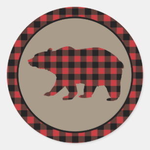 Red Buffalo Plaid Border Bear Classic Round Sticker