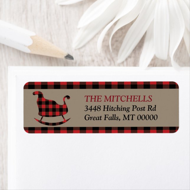 Red Buffalo Plaid Border Christmas Sleigh Label (Insitu)