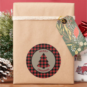 Red Buffalo Plaid Border Christmas Tree Classic Round Sticker