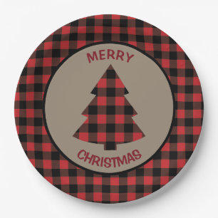 Red Buffalo Plaid Border Christmas Tree Paper Plates