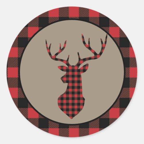 Red Buffalo Plaid Border Deer Classic Round Sticker