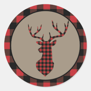 Red Buffalo Plaid Border Deer Classic Round Sticker