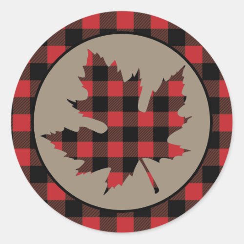 Red Buffalo Plaid Border Maple Leaf Classic Round Sticker